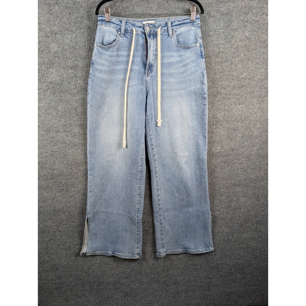 AnnieWear Denim Womens M Wide Leg Jeans Beachy Coastal Side Slit Drawstring Boho